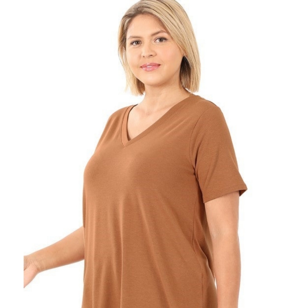 2/$30 ZENANA Short Sleeve Coffee color V Neck Tee 3XL NWT